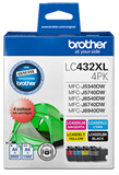 Brother LC432XL4PKS 4-Pack High Yield Ink Cartridge containing Black, Cyan, Magenta, and Yellow
